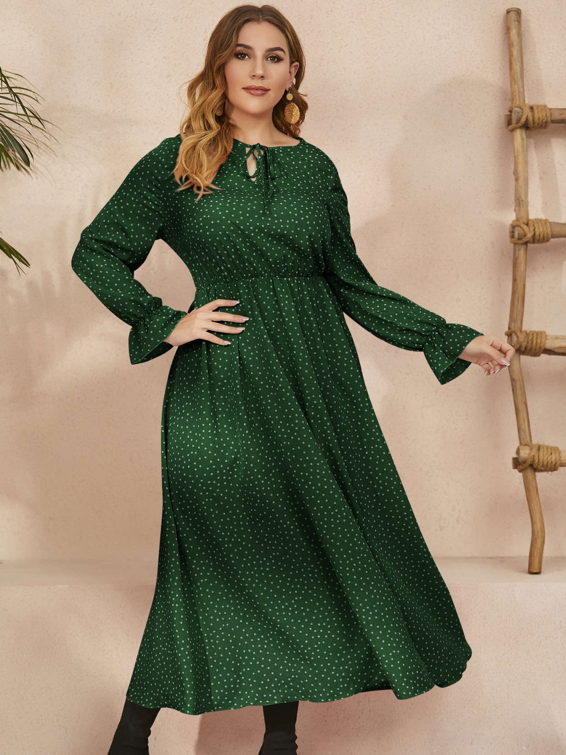 Honey Plus Size Ruffled Polka Dot Long Sleeve Midi Dress  