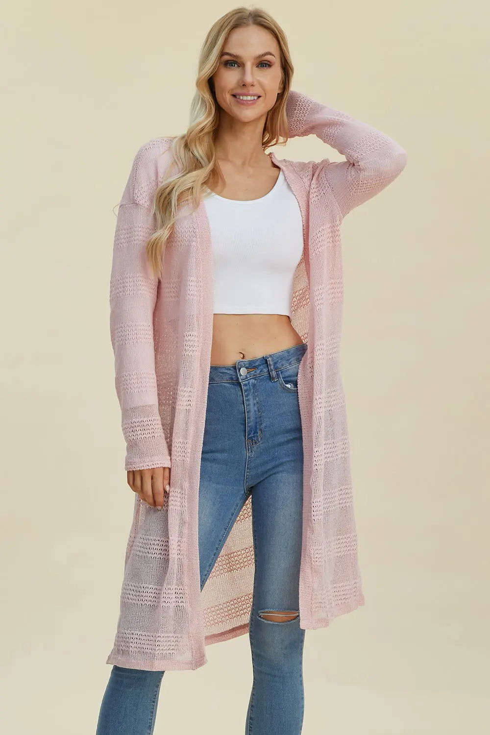 Double Take Full Size Open Front Longline Cardigan  