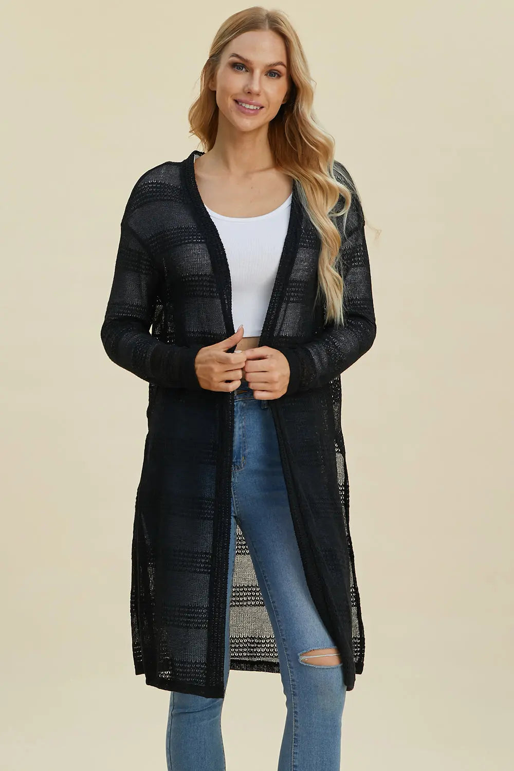 Double Take Full Size Open Front Longline Cardigan  