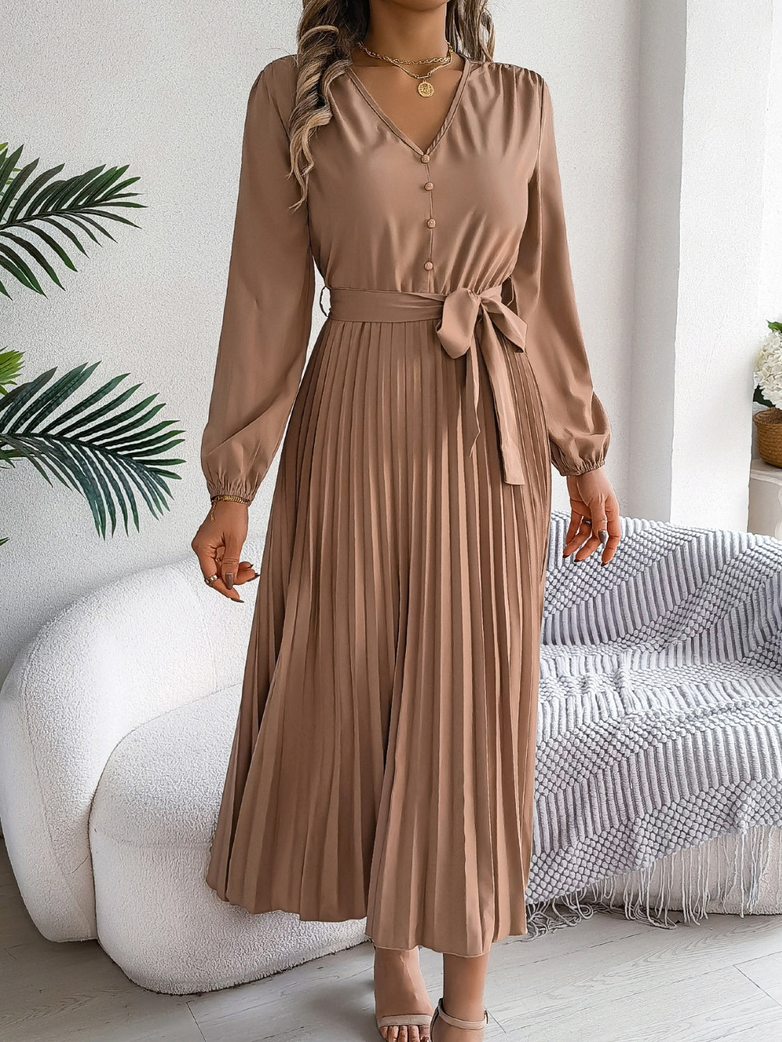 Pleated Tied V-Neck Long Sleeve Dress  