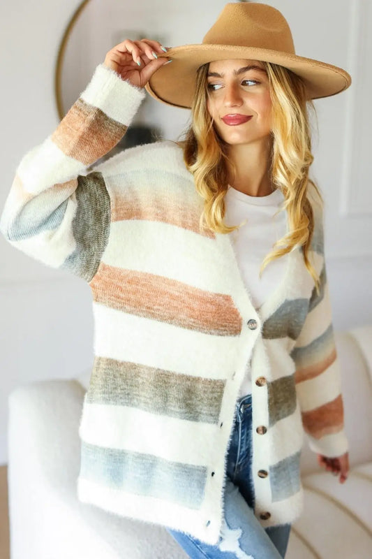 Haptics Full Size Button Down Stripe Soft Fuzzy Sweater Cardigan  