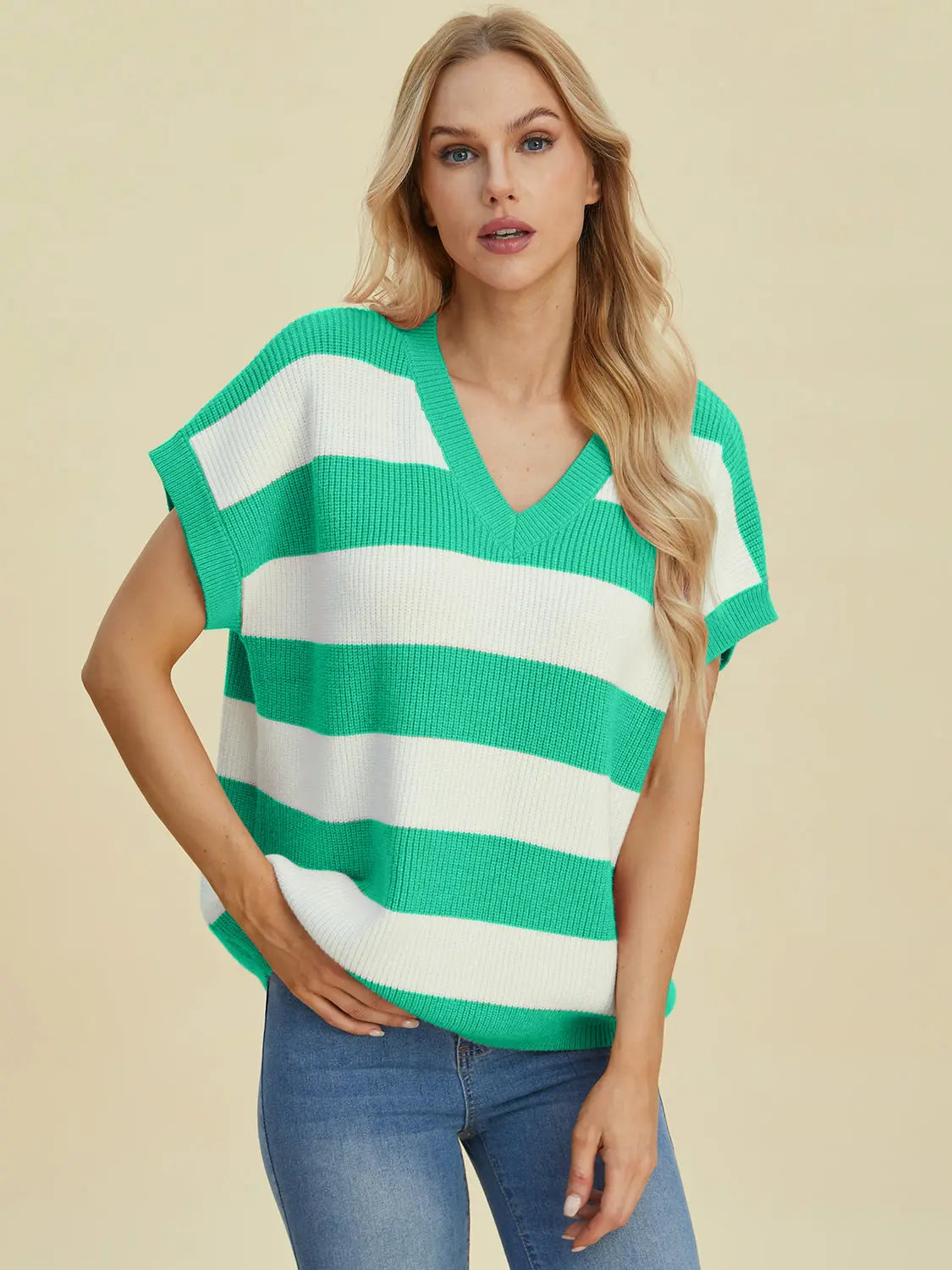 Double Take Full Size Striped V-Neck Short Sleeve Sweater  