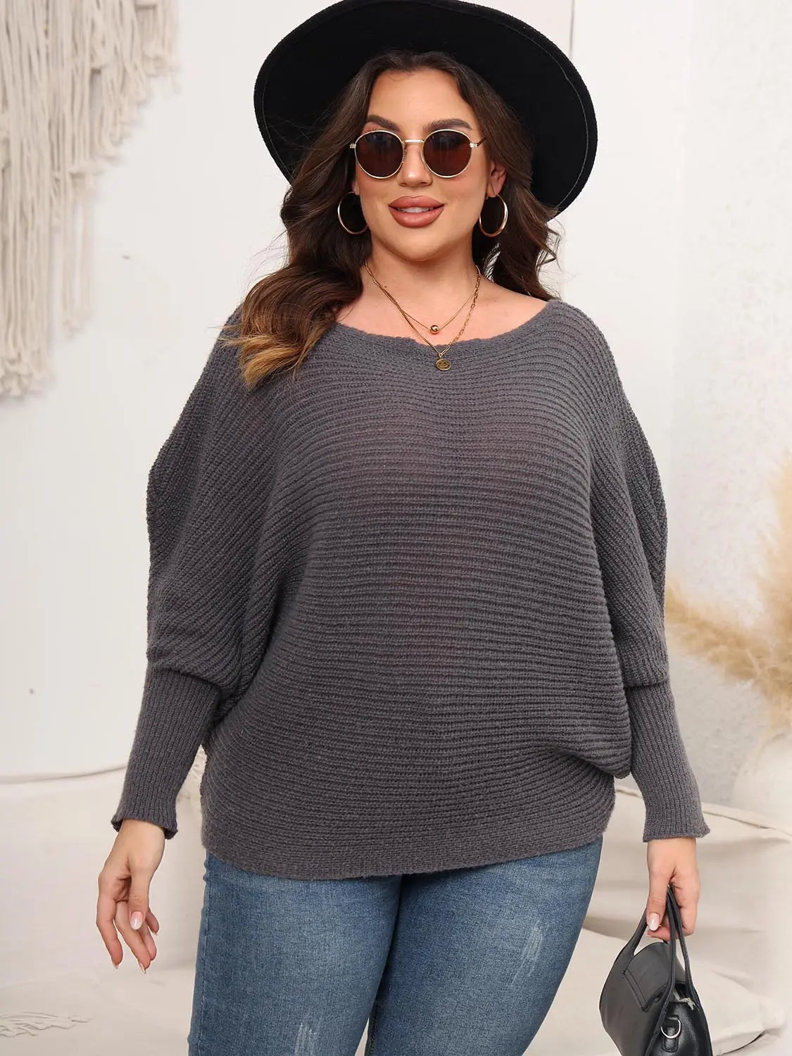 Full Size Boat Neck Batwing Sleeve Sweater  