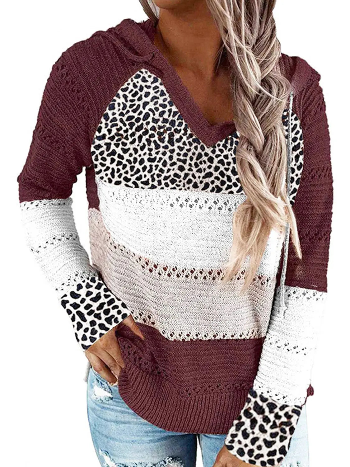 Full Size Openwork Leopard Drawstring Hooded Sweater  