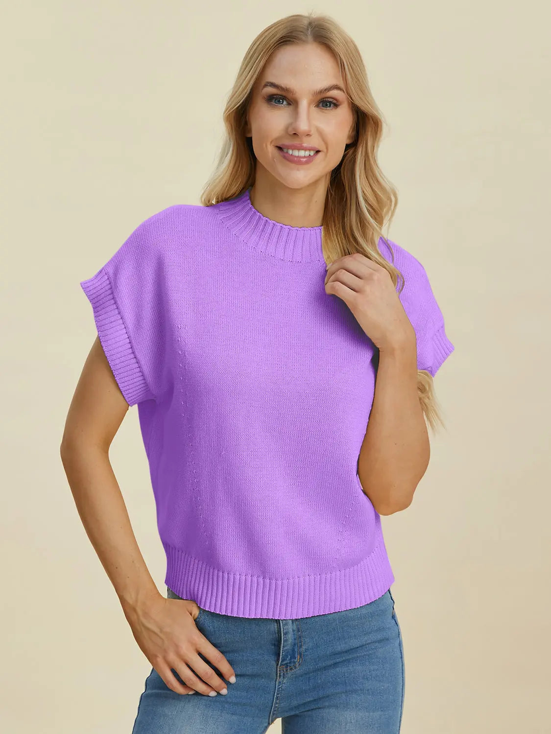 Double Take Full Size Mock Neck Short Sleeve Sweater  