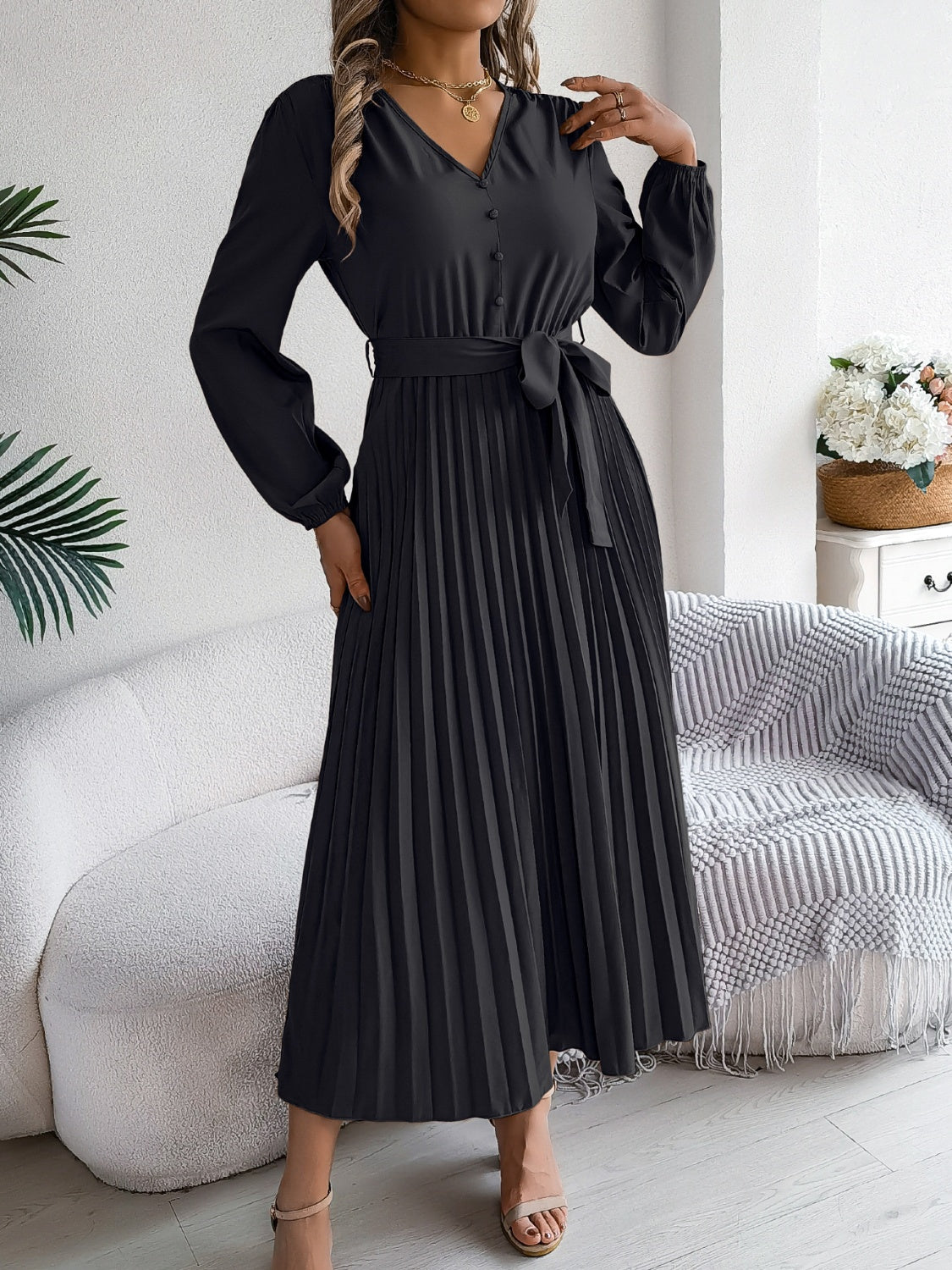 Pleated Tied V-Neck Long Sleeve Dress  