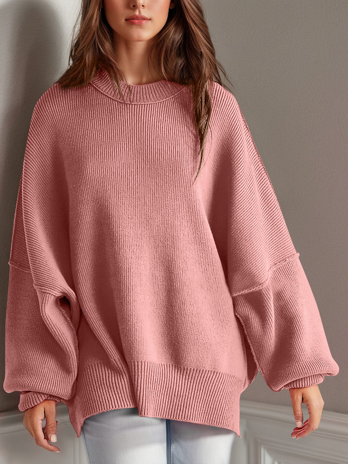 Double Take Side Slit Round Neck Long Sleeve Sweater  