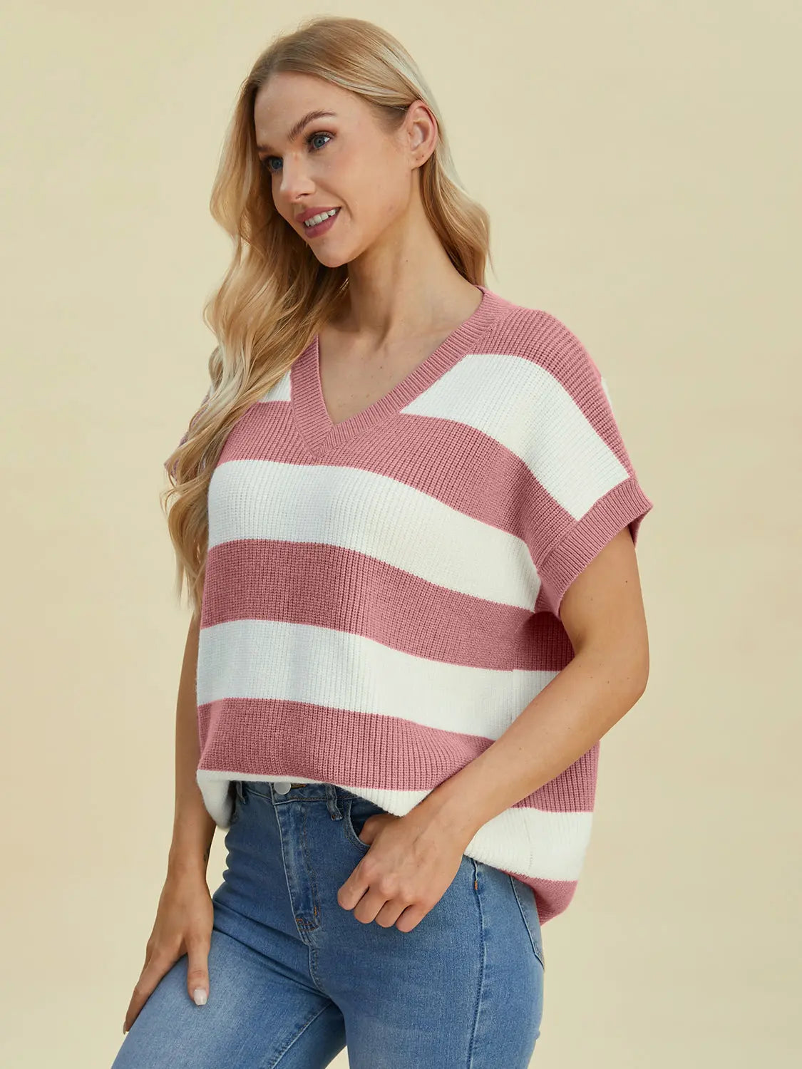 Double Take Full Size Striped V-Neck Short Sleeve Sweater  