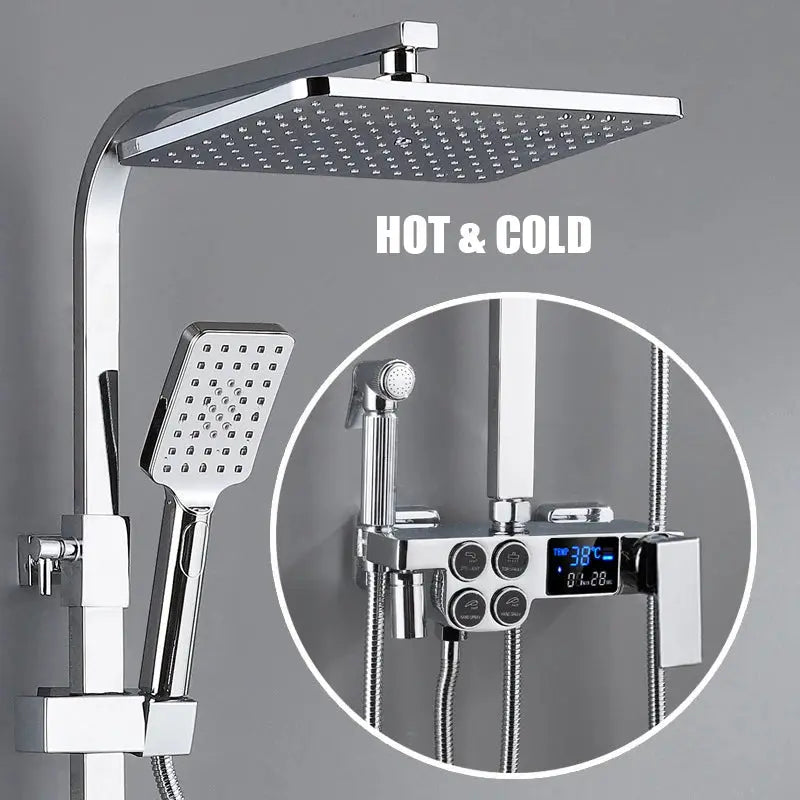 Hot and Cold Digital Shower Set Faucet Bathroom Shower System Black Gold Shower Faucet Square Shower Head  Bath Shower System  