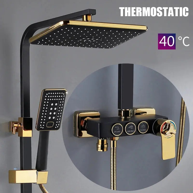 Hot and Cold Digital Shower Set Faucet Bathroom Shower System Black Gold Shower Faucet Square Shower Head  Bath Shower System  