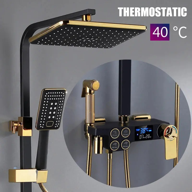 Hot and Cold Digital Shower Set Faucet Bathroom Shower System Black Gold Shower Faucet Square Shower Head  Bath Shower System  