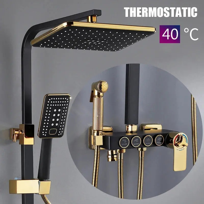 Hot and Cold Digital Shower Set Faucet Bathroom Shower System Black Gold Shower Faucet Square Shower Head  Bath Shower System  