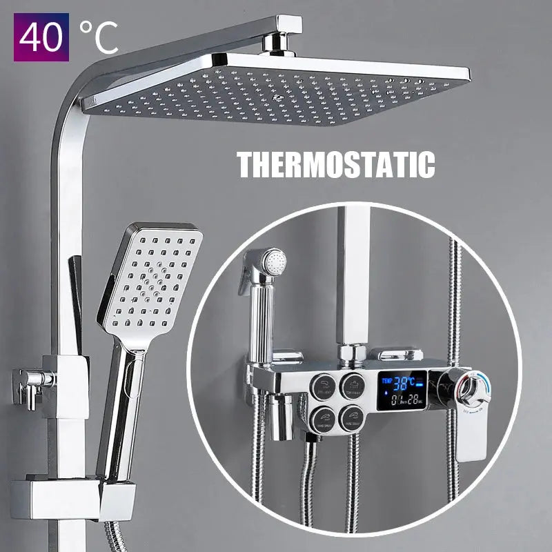 Hot and Cold Digital Shower Set Faucet Bathroom Shower System Black Gold Shower Faucet Square Shower Head  Bath Shower System  