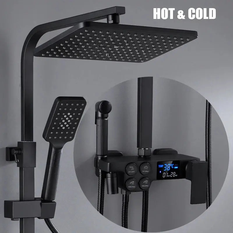 Hot and Cold Digital Shower Set Faucet Bathroom Shower System Black Gold Shower Faucet Square Shower Head  Bath Shower System  