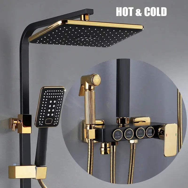 Hot and Cold Digital Shower Set Faucet Bathroom Shower System Black Gold Shower Faucet Square Shower Head  Bath Shower System  