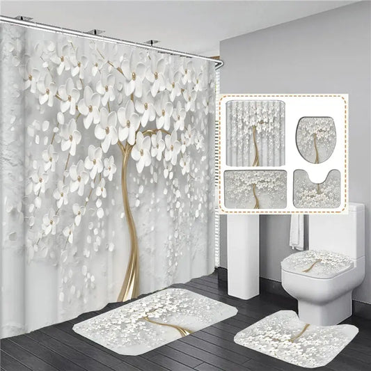 Elegant Bouquet of Fantastic White Flowers 3D Style Shower Curtain Bathroom Curtain with Bath Rug Carpet Set Floral Home Decor  