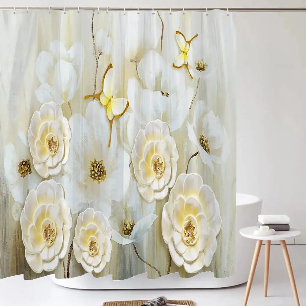 Elegant Bouquet of Fantastic White Flowers 3D Style Shower Curtain Bathroom Curtain with Bath Rug Carpet Set Floral Home Decor  