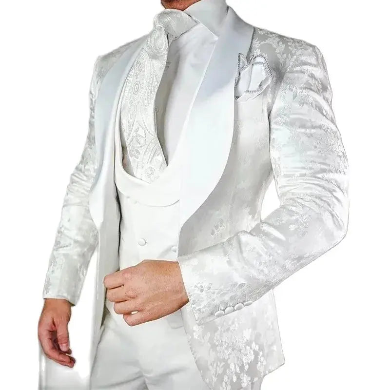 White Floral Wedding Tuxedo for Groom 3 piece Slim fit Men Suits with Satin Shawl Lapel Custom Male Fashion Costume Jacket Vest VEIAI Store  EBOYGIFTS