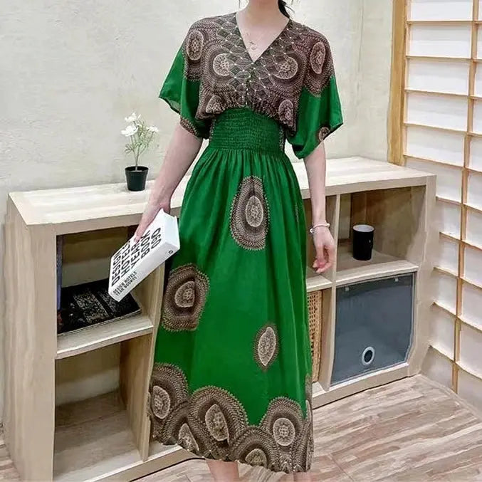 Casual Elegant Retro Bohemian National Style V-neck Elastic  Waist Large Swing Printed Summer Long Skirt Woman Dress Clothes  