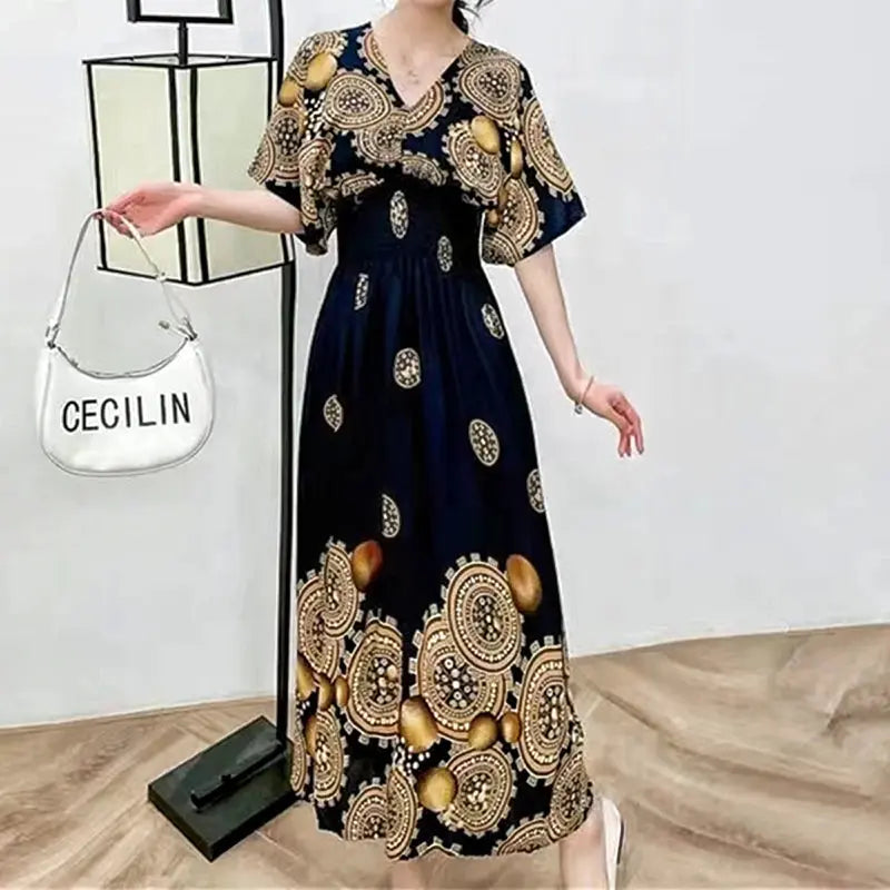 Casual Elegant Retro Bohemian National Style V-neck Elastic  Waist Large Swing Printed Summer Long Skirt Woman Dress Clothes  