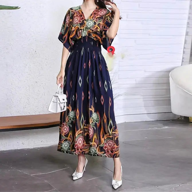 Casual Elegant Retro Bohemian National Style V-neck Elastic  Waist Large Swing Printed Summer Long Skirt Woman Dress Clothes  