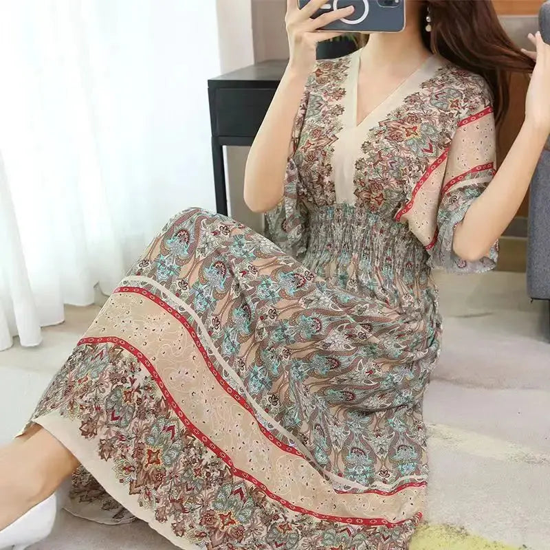 Casual Elegant Retro Bohemian National Style V-neck Elastic  Waist Large Swing Printed Summer Long Skirt Woman Dress Clothes  