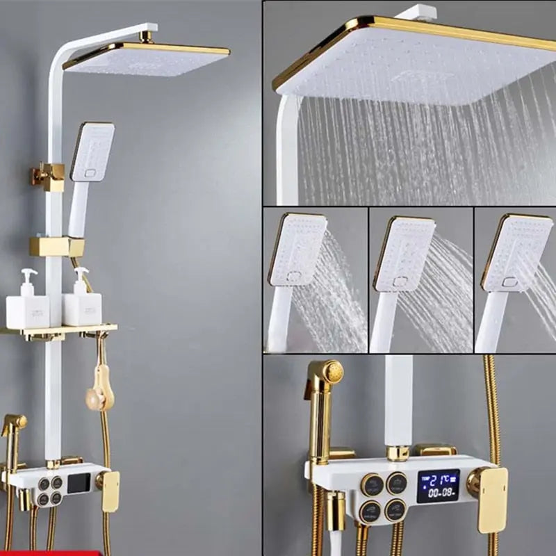 Hot and Cold Digital Shower Set Faucet Bathroom Shower System Black Gold Shower Faucet Square Shower Head  Bath Shower System  