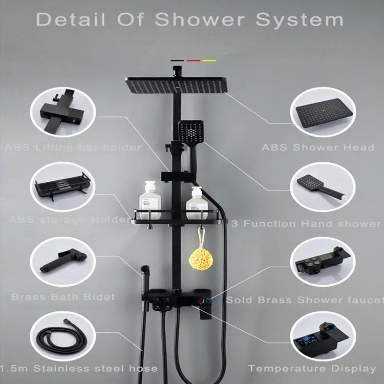 Hot and Cold Digital Shower Set Faucet Bathroom Shower System Black Gold Shower Faucet Square Shower Head  Bath Shower System  