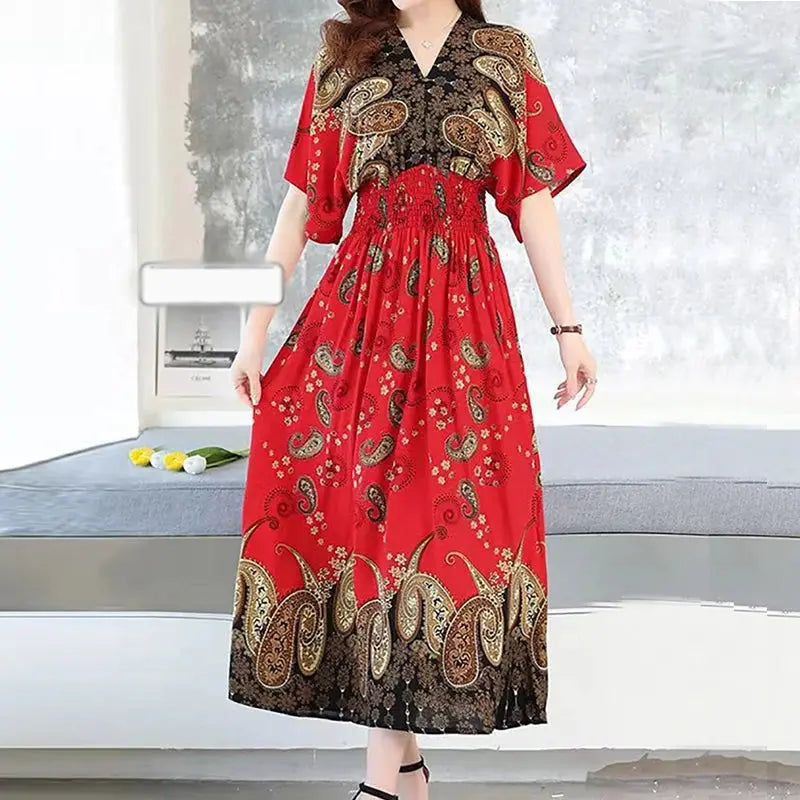 Casual Elegant Retro Bohemian National Style V-neck Elastic  Waist Large Swing Printed Summer Long Skirt Woman Dress Clothes  