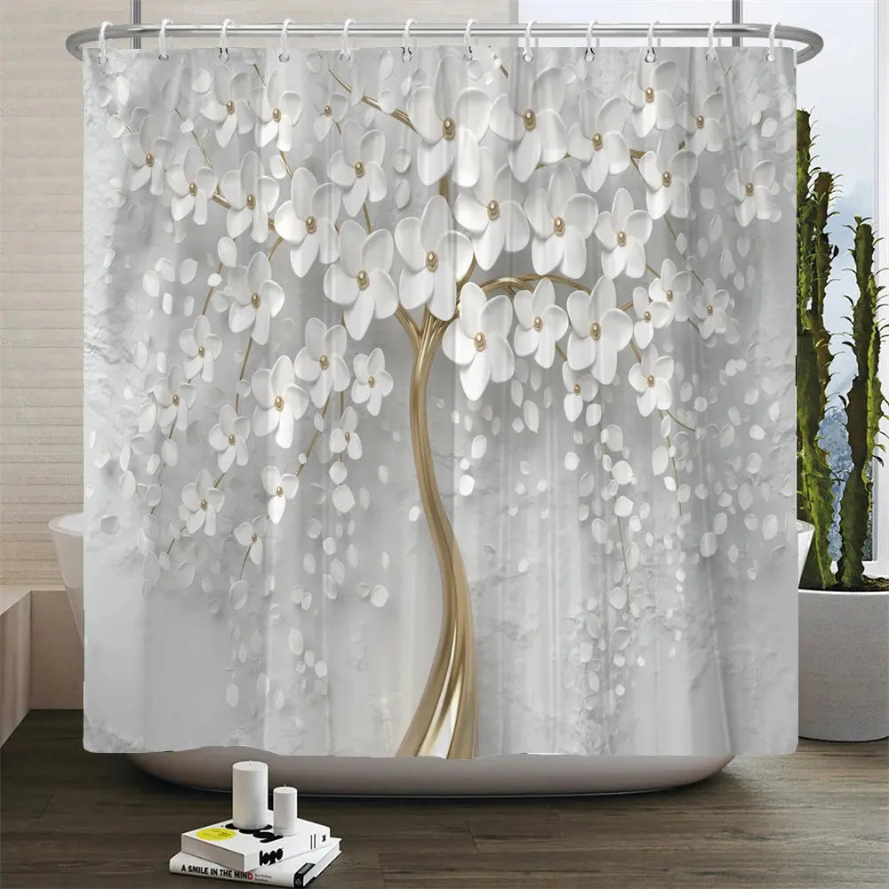 Elegant Bouquet of Fantastic White Flowers 3D Style Shower Curtain Bathroom Curtain with Bath Rug Carpet Set Floral Home Decor  