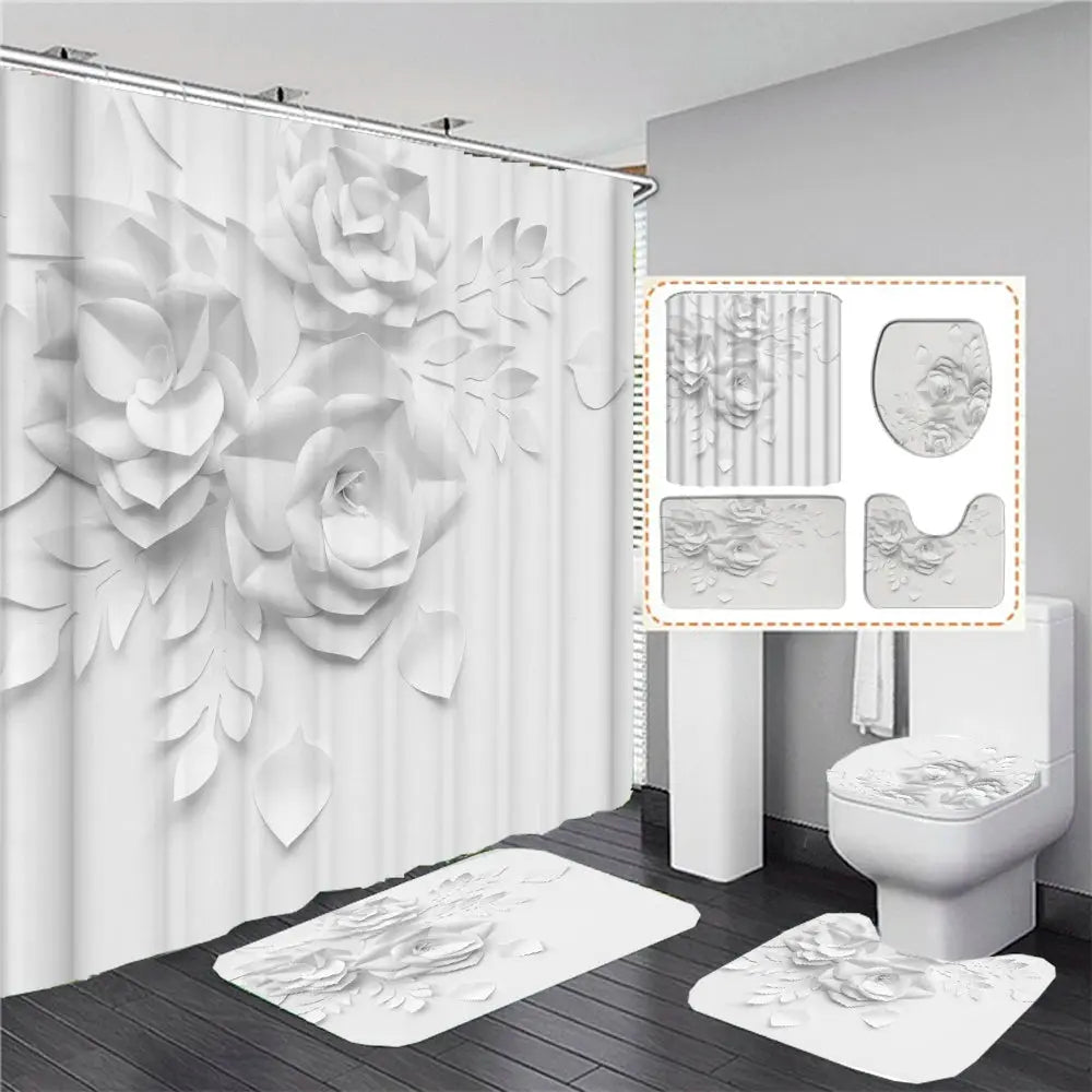 Elegant Bouquet of Fantastic White Flowers 3D Style Shower Curtain Bathroom Curtain with Bath Rug Carpet Set Floral Home Decor  