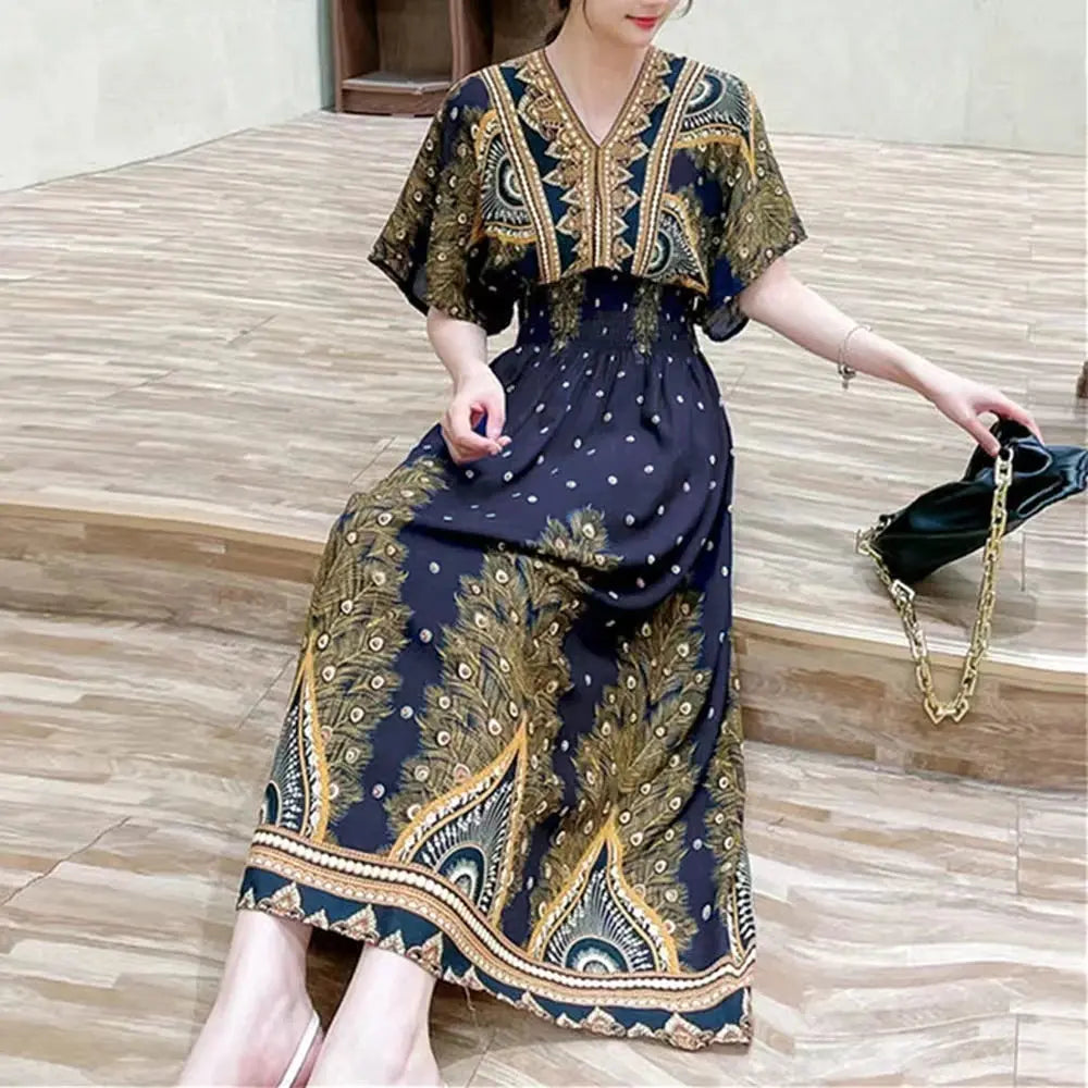 Casual Elegant Retro Bohemian National Style V-neck Elastic  Waist Large Swing Printed Summer Long Skirt Woman Dress Clothes  