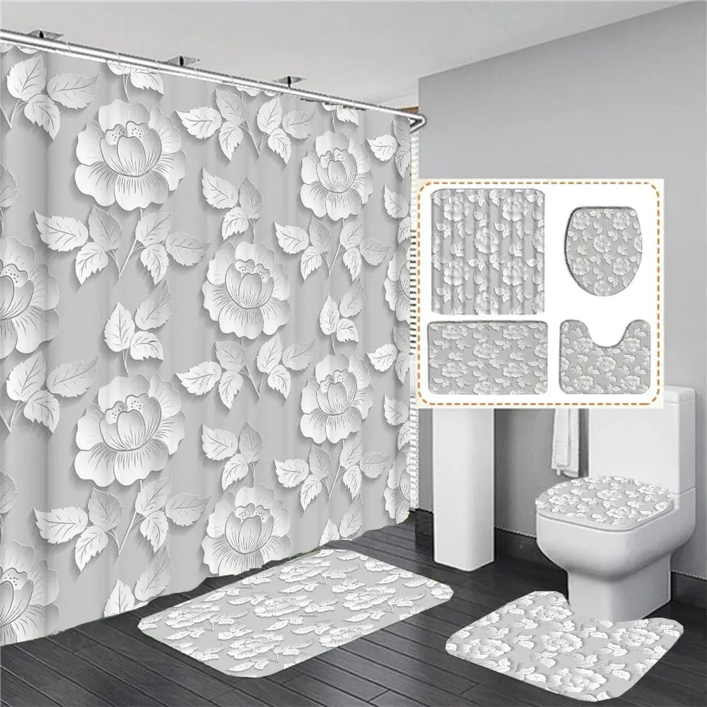 Elegant Bouquet of Fantastic White Flowers 3D Style Shower Curtain Bathroom Curtain with Bath Rug Carpet Set Floral Home Decor  