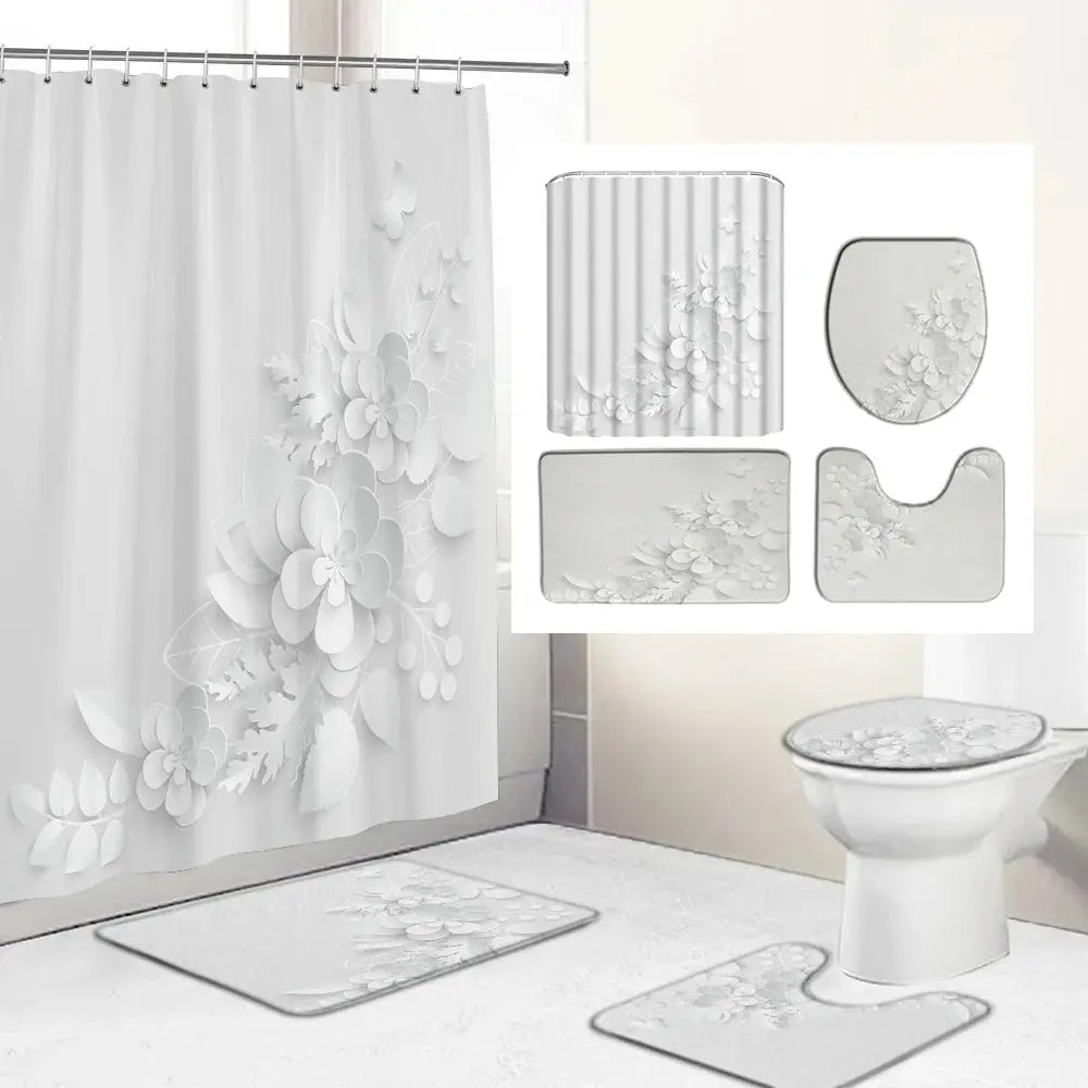 Elegant Bouquet of Fantastic White Flowers 3D Style Shower Curtain Bathroom Curtain with Bath Rug Carpet Set Floral Home Decor  