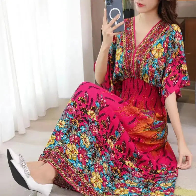 Casual Elegant Retro Bohemian National Style V-neck Elastic  Waist Large Swing Printed Summer Long Skirt Woman Dress Clothes  