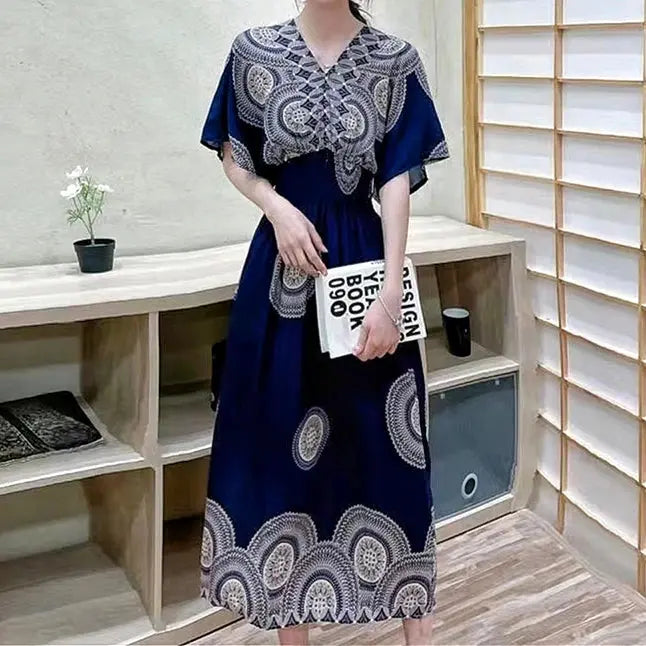 Casual Elegant Retro Bohemian National Style V-neck Elastic  Waist Large Swing Printed Summer Long Skirt Woman Dress Clothes  