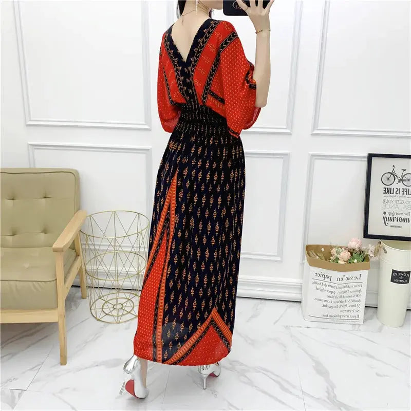 Casual Elegant Retro Bohemian National Style V-neck Elastic  Waist Large Swing Printed Summer Long Skirt Woman Dress Clothes  