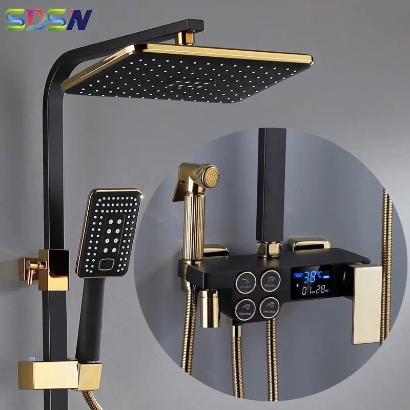 Hot and Cold Digital Shower Set Faucet Bathroom Shower System Black Gold Shower Faucet Square Shower Head  Bath Shower System  