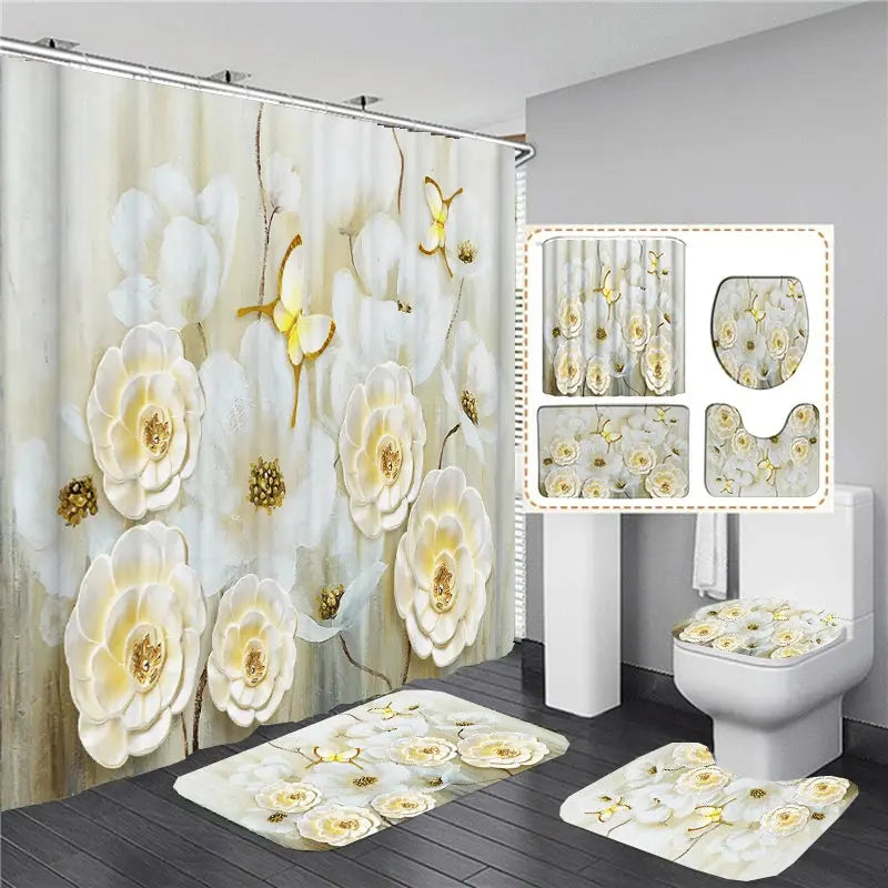 Elegant Bouquet of Fantastic White Flowers 3D Style Shower Curtain Bathroom Curtain with Bath Rug Carpet Set Floral Home Decor  