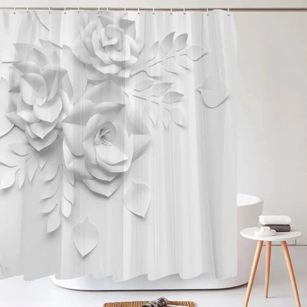 Elegant Bouquet of Fantastic White Flowers 3D Style Shower Curtain Bathroom Curtain with Bath Rug Carpet Set Floral Home Decor  