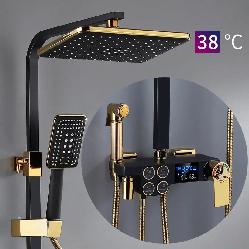 Hot and Cold Digital Shower Set Faucet Bathroom Shower System Black Gold Shower Faucet Square Shower Head  Bath Shower System  