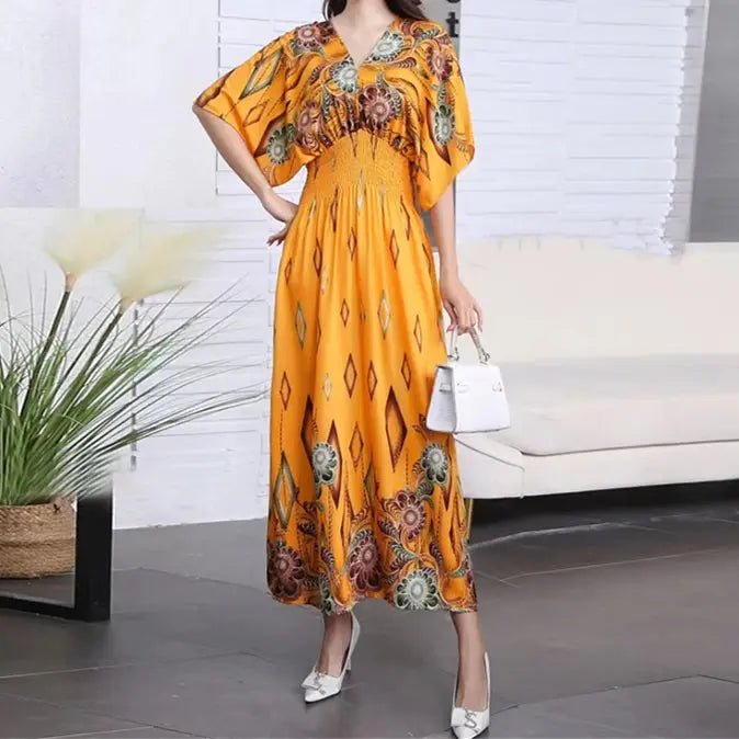 Casual Elegant Retro Bohemian National Style V-neck Elastic  Waist Large Swing Printed Summer Long Skirt Woman Dress Clothes  