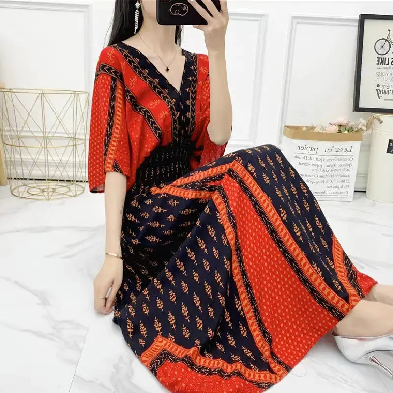 Casual Elegant Retro Bohemian National Style V-neck Elastic  Waist Large Swing Printed Summer Long Skirt Woman Dress Clothes  