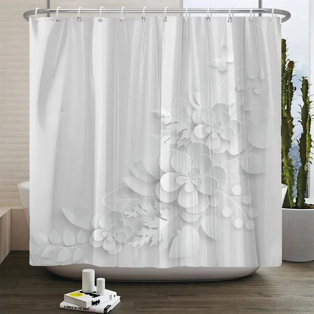 Elegant Bouquet of Fantastic White Flowers 3D Style Shower Curtain Bathroom Curtain with Bath Rug Carpet Set Floral Home Decor  