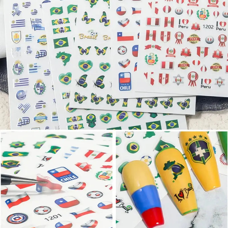 Football Game South America Brazil CHile Peru Argentina Colombia Uruguay Nail Sticker Cheering Design Soccer Fans Nail Flag  