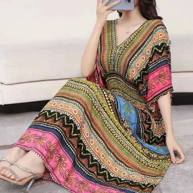 Casual Elegant Retro Bohemian National Style V-neck Elastic  Waist Large Swing Printed Summer Long Skirt Woman Dress Clothes  