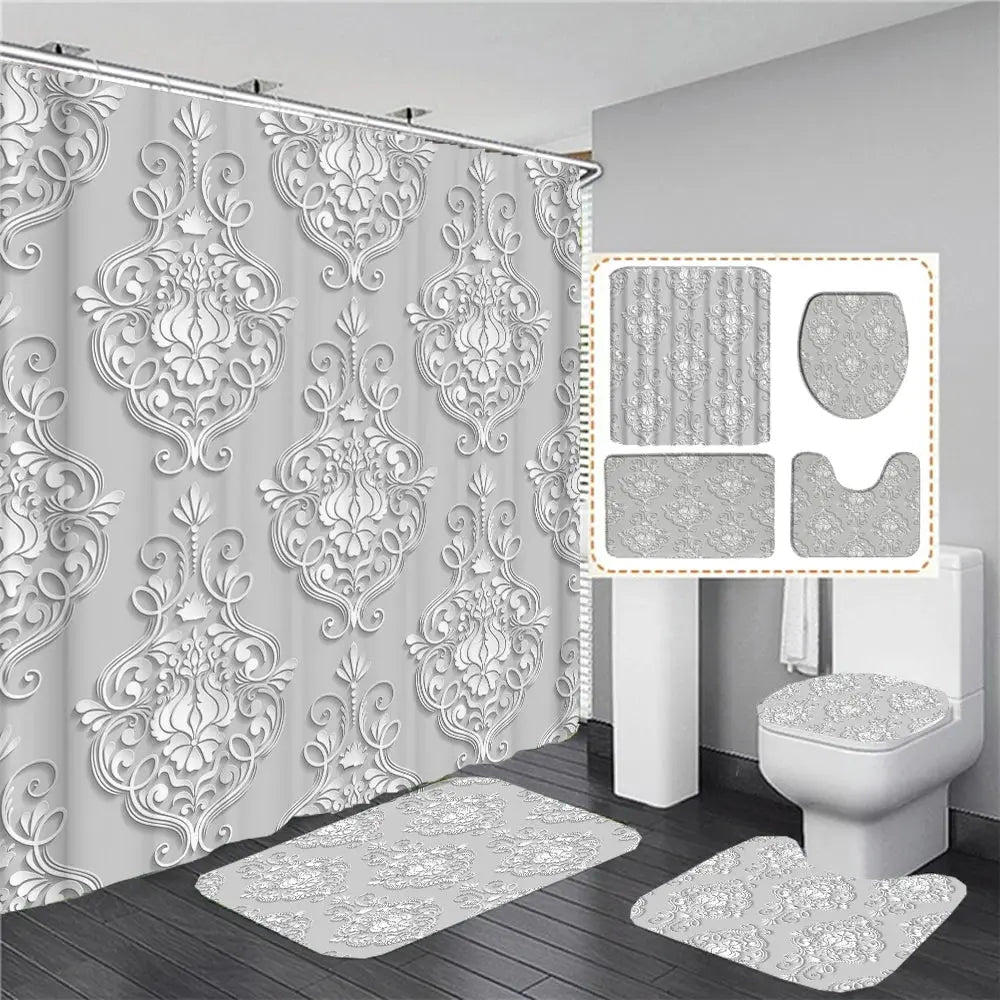 Elegant Bouquet of Fantastic White Flowers 3D Style Shower Curtain Bathroom Curtain with Bath Rug Carpet Set Floral Home Decor  