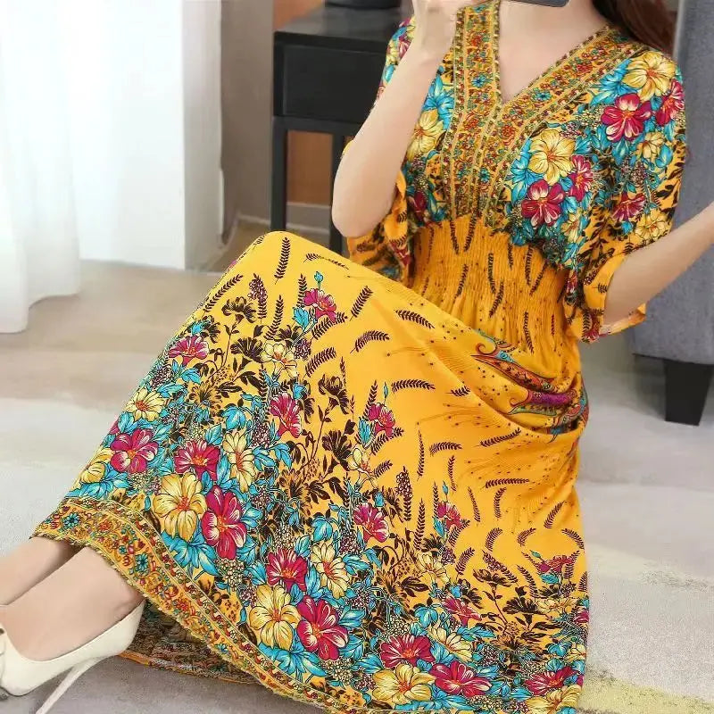 Casual Elegant Retro Bohemian National Style V-neck Elastic  Waist Large Swing Printed Summer Long Skirt Woman Dress Clothes  