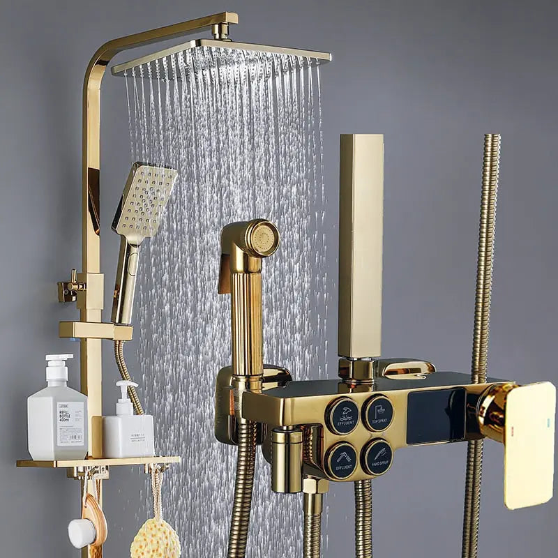 Hot and Cold Digital Shower Set Faucet Bathroom Shower System Black Gold Shower Faucet Square Shower Head  Bath Shower System  