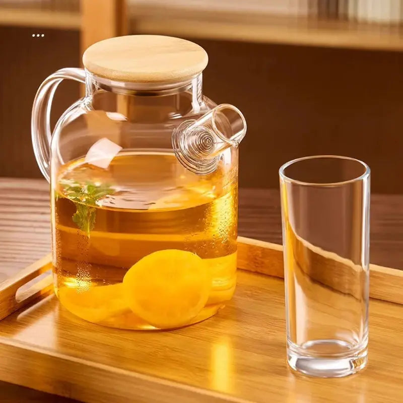 GIANXI 1000ML Transparent Glass Elegant Water Jugs With Wooden Cover Kitchen Coffee Pot Coffeeware Teaware Beverage Dispenser - eboygifts